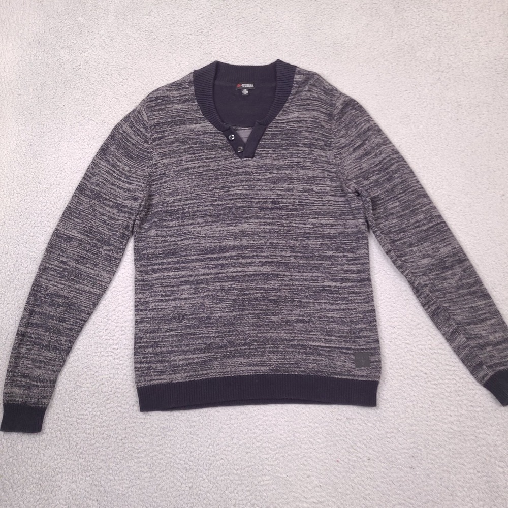 Guess Sweater Mens Large Gray Black Knit V-Neck Button Up Heathered‎ Cotton